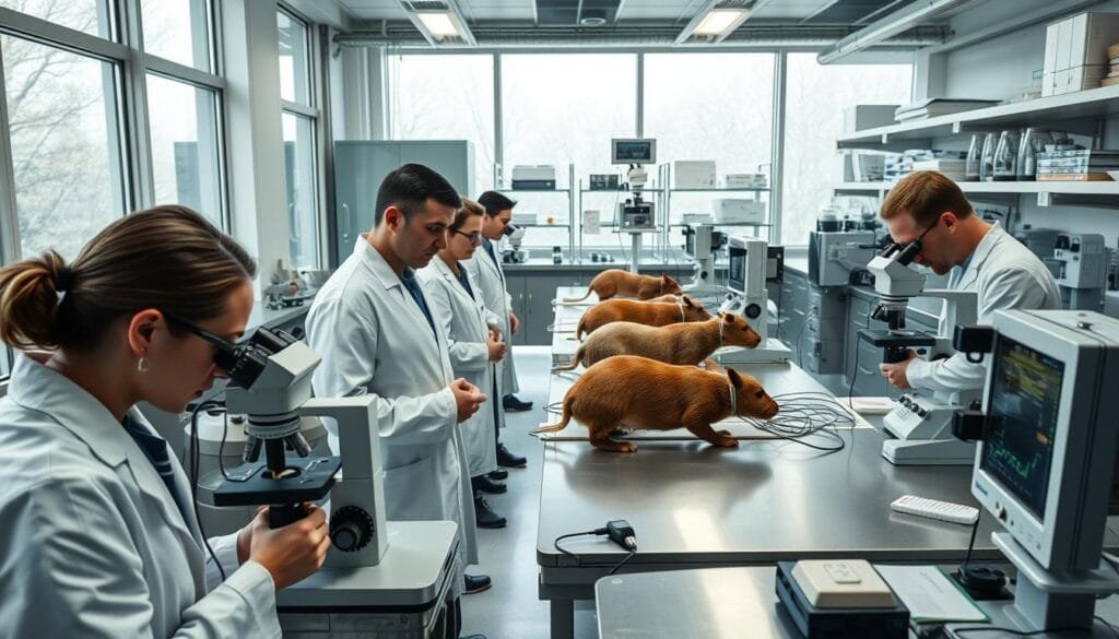 A detailed laboratory scene featuring a group of animals undergoing comprehensive liver studies. In the foreground, a team of researchers closely examines tissue samples under high-powered microscopes, their expressions intense with scientific focus. In the middle ground, several animal subjects are positioned on examination tables, hooked up to monitoring equipment that tracks their vital signs and metabolic processes. The background depicts a well-equipped research facility, with floor-to-ceiling windows allowing natural light to flood the space and gleaming metal countertops and shelves stocked with analytical instruments. The overall mood is one of meticulous, systematic investigation, as the team diligently explores the effects of hydrogen on liver function.