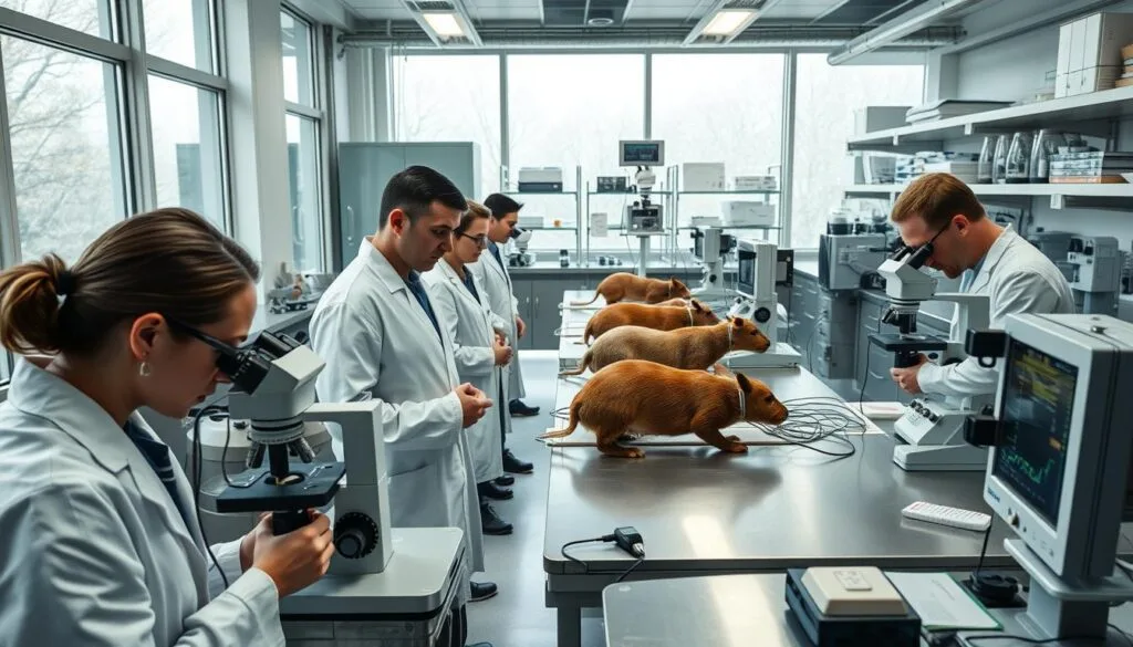 A detailed laboratory scene featuring a group of animals undergoing comprehensive liver studies. In the foreground, a team of researchers closely examines tissue samples under high-powered microscopes, their expressions intense with scientific focus. In the middle ground, several animal subjects are positioned on examination tables, hooked up to monitoring equipment that tracks their vital signs and metabolic processes. The background depicts a well-equipped research facility, with floor-to-ceiling windows allowing natural light to flood the space and gleaming metal countertops and shelves stocked with analytical instruments. The overall mood is one of meticulous, systematic investigation, as the team diligently explores the effects of hydrogen on liver function.