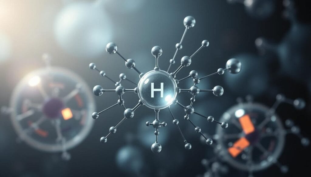 A detailed molecular diagram showcasing the mechanisms of molecular hydrogen. In the foreground, a central hydrogen molecule surrounded by a network of interconnected pathways, illustrating the complex reactions and interactions. The middle ground features a stylized cellular environment, with organelles and mitochondria, highlighting the intracellular processes. The background depicts a subtle, luminous gradient, creating a sense of depth and scientific inquiry. The overall composition conveys a sense of intricate, yet elegant, biological processes at the molecular level. Lighting is soft and diffuse, with a touch of glow to emphasize the importance of this mechanism. The camera angle is slightly elevated, providing a comprehensive view of the scene.