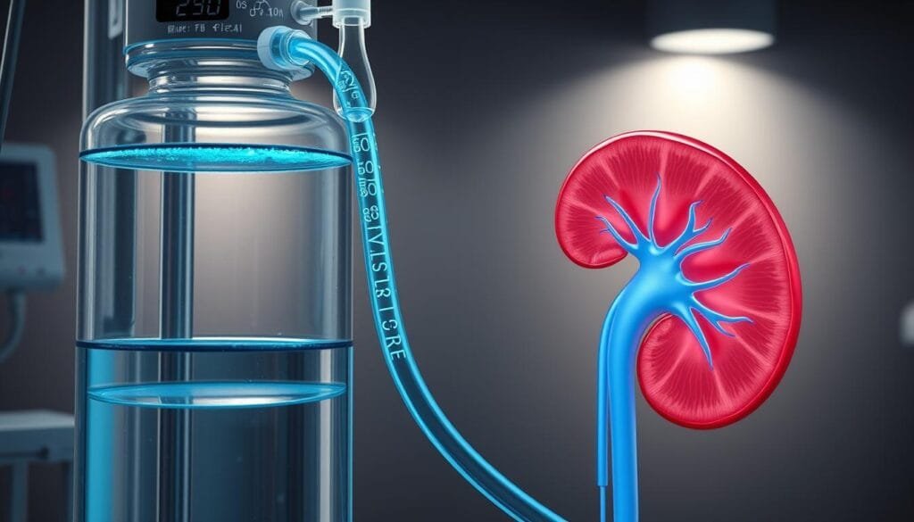 A detailed, scientifically accurate illustration of the use of hydrogen-rich water in the context of kidney dialysis. In the foreground, a transparent dialysis machine with a glowing blue hydrogen-infused solution flowing through the tubing, representing the therapeutic effects on fatigue, oxidative stress, and renal markers. In the middle ground, a cross-section of the human kidney, highlighted to show the impaired filtration processes being aided by the hydrogen-rich water. The background depicts a dimly lit, serene medical setting, with subtle hints of molecular diagrams and scientific instrumentation to convey the technical nature of the subject matter. Soft, directional lighting emphasizes the clarity and importance of the central elements. Rendered in a photorealistic style with a clinical, yet calming atmosphere.