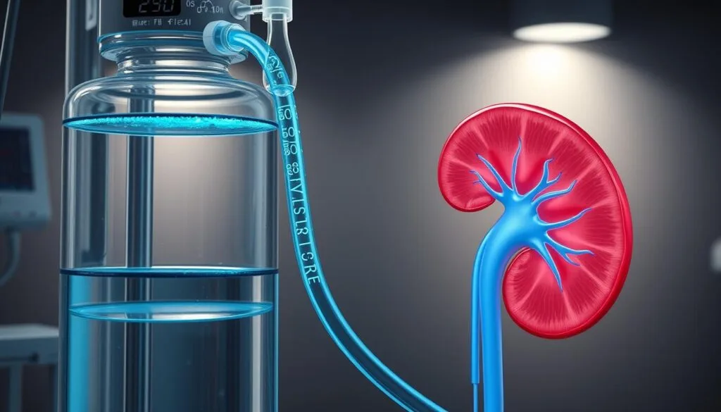 A detailed, scientifically accurate illustration of the use of hydrogen-rich water in the context of kidney dialysis. In the foreground, a transparent dialysis machine with a glowing blue hydrogen-infused solution flowing through the tubing, representing the therapeutic effects on fatigue, oxidative stress, and renal markers. In the middle ground, a cross-section of the human kidney, highlighted to show the impaired filtration processes being aided by the hydrogen-rich water. The background depicts a dimly lit, serene medical setting, with subtle hints of molecular diagrams and scientific instrumentation to convey the technical nature of the subject matter. Soft, directional lighting emphasizes the clarity and importance of the central elements. Rendered in a photorealistic style with a clinical, yet calming atmosphere.