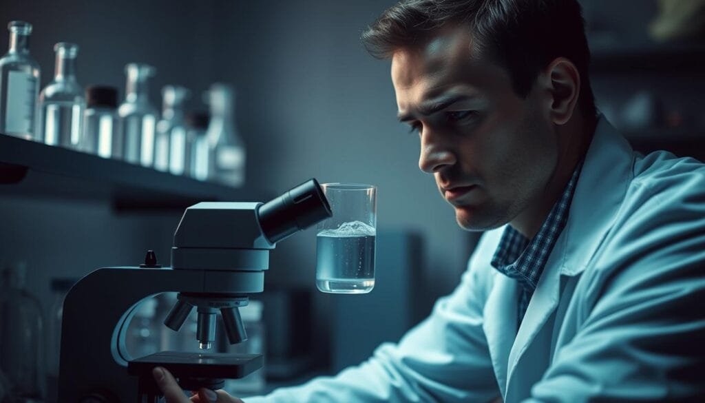 A dimly lit laboratory setting, with a researcher in a white coat carefully examining a sample of hydrogen-infused water under a microscope. In the background, beakers, test tubes, and other scientific instruments suggest an ongoing study. The lighting is soft and atmospheric, creating a pensive, contemplative mood. The researcher's expression is one of focused concentration, their eyes narrowed as they scrutinize the details of the water sample. The overall scene conveys a sense of scientific inquiry and the pursuit of understanding the potential benefits of hydrogen water.