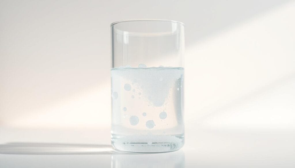 A glass beaker filled with clear, effervescent water, capturing the essence of "hydrogen water." The liquid gently bubbles, reflecting the soft lighting that casts a warm glow. In the background, a minimalist, clean-lined setting suggests a modern wellness-focused environment. The image conveys a sense of purity, health, and the intriguing concept of hydrogen-infused water, ready to be paired with other nutritious beverages.