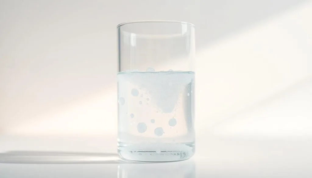 A glass beaker filled with clear, effervescent water, capturing the essence of "hydrogen water." The liquid gently bubbles, reflecting the soft lighting that casts a warm glow. In the background, a minimalist, clean-lined setting suggests a modern wellness-focused environment. The image conveys a sense of purity, health, and the intriguing concept of hydrogen-infused water, ready to be paired with other nutritious beverages.