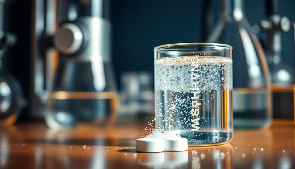 A glass beaker filled with clear, sparkling hydrogen-infused water, set against a backdrop of sleek, modern laboratory equipment. The water's surface gently ripples, reflecting the warm, diffused lighting that bathes the scene. In the foreground, a white hydrogen water tablet effervesces as it dissolves, releasing streams of tiny bubbles. The overall atmosphere conveys a sense of science, purity, and wellness - an enticing invitation to experience the potential benefits of hydrogen-rich water.