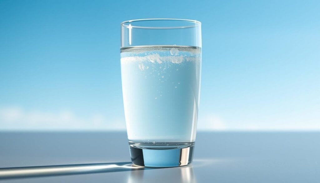 A glass filled with clear, crisp water, gently bubbling with a subtle array of tiny hydrogen gas bubbles. The liquid has a slight bluish tint, reflecting the calming color of the sky beyond. The glass is positioned on a sleek, modern tabletop, capturing the essence of a wellness-focused lifestyle. Soft, diffused lighting illuminates the scene, creating a serene, inviting atmosphere. The overall composition emphasizes the purity, refreshment, and restorative properties of this innovative hydration solution, perfectly suited for athletes and active individuals seeking enhanced performance and recovery.