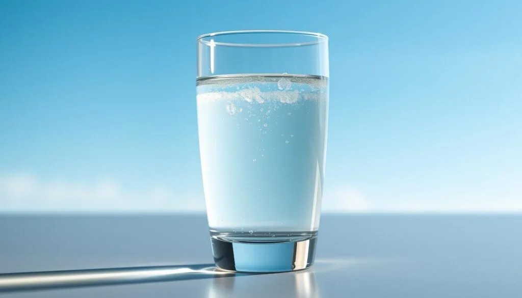 A glass filled with clear, crisp water, gently bubbling with a subtle array of tiny hydrogen gas bubbles. The liquid has a slight bluish tint, reflecting the calming color of the sky beyond. The glass is positioned on a sleek, modern tabletop, capturing the essence of a wellness-focused lifestyle. Soft, diffused lighting illuminates the scene, creating a serene, inviting atmosphere. The overall composition emphasizes the purity, refreshment, and restorative properties of this innovative hydration solution, perfectly suited for athletes and active individuals seeking enhanced performance and recovery.