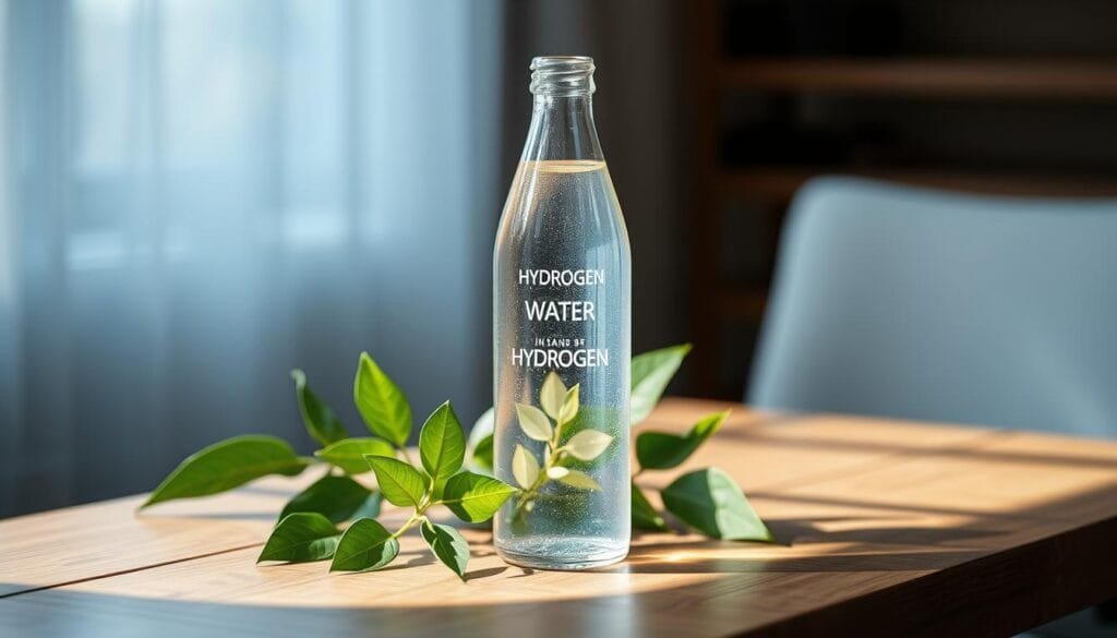 A glass hydrogen water bottle standing on a wooden table, filled with transparent liquid and surrounded by fresh green leaves. The bottle is illuminated by soft, natural lighting, casting gentle shadows and highlighting its sleek, modern design. The overall mood is one of wellness and purity, inviting the viewer to imagine the refreshing taste and potential health benefits of the hydrogen-infused water within.