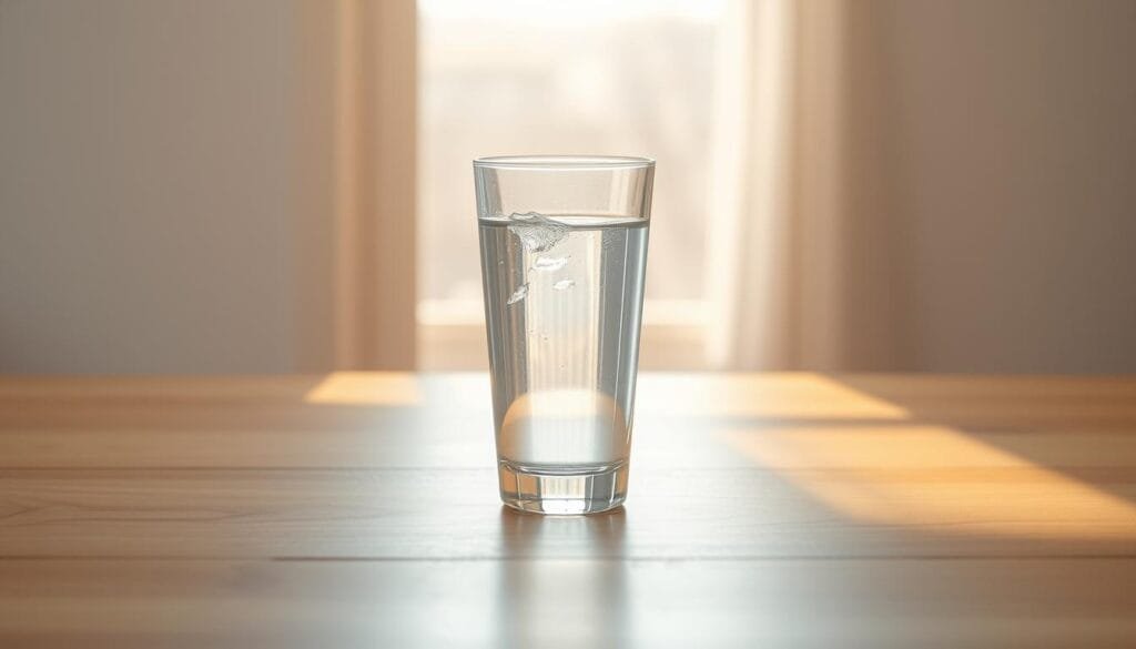 A glass of crystal-clear drinking water, resting on a polished wooden table. The water's surface reflects the warm, natural light flooding in from a large window, casting a soft, diffused glow. Subtle ripples dance across the water, hinting at its purity and freshness. The glass stands alone, the center of attention, symbolizing the simplicity and importance of clean, healthy hydration. The background is a serene, minimalist setting, allowing the water to be the focal point. Soft, muted tones create a calming, contemplative atmosphere, inviting the viewer to consider the optimal pH level for this life-sustaining elixir.