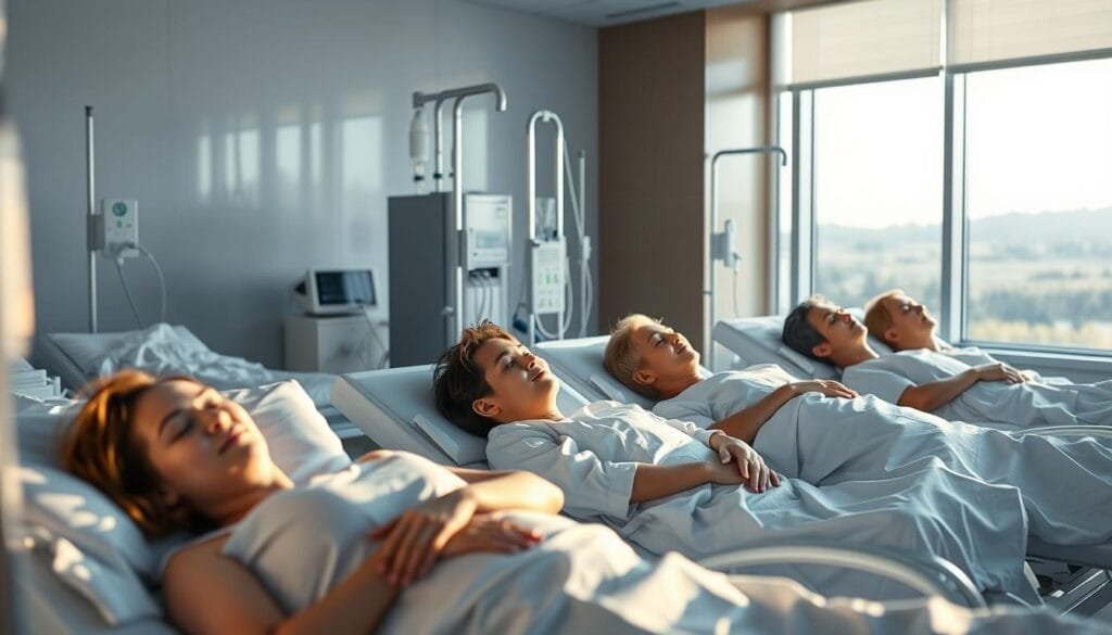 A group of dialysis patients in a serene medical setting, bathed in the gentle glow of hydrogen-infused treatment. The foreground features patients resting peacefully, their faces reflecting a sense of calm and wellbeing as they undergo the hydrogen dialysis procedure. The middle ground showcases the advanced medical equipment, sleek and modern, blending seamlessly with the soothing atmosphere. The background reveals a calming, natural landscape visible through large windows, creating a holistic and therapeutic environment. The lighting is soft and diffused, emphasizing the tranquility and healing power of hydrogen therapy for chronic kidney disease patients.