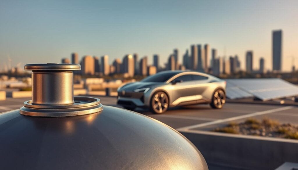 A hydrogen tank sitting prominently in the foreground, its metallic surface gleaming under soft, directional lighting. In the middle ground, a sleek, futuristic-looking vehicle powered by hydrogen fuel cells, conveying a sense of clean, efficient mobility. The background features a cityscape with modern skyscrapers and renewable energy infrastructure, hinting at the wider applications of hydrogen as an energy carrier for power and backup systems.