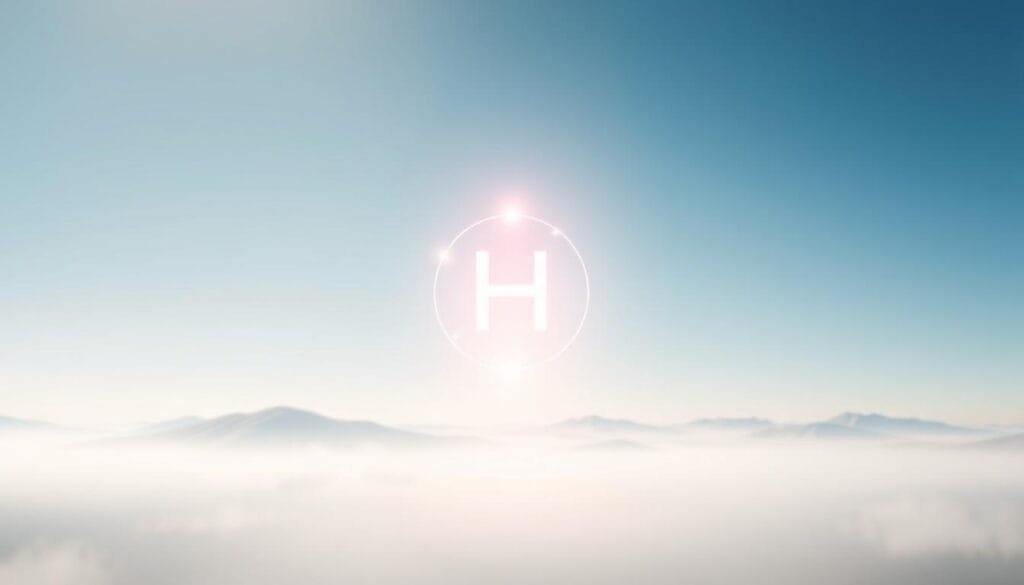 A molecular hydrogen visualization depicting a serene, holistic atmosphere. In the foreground, a glowing, ethereal hydrogen molecule hovers, its delicate bonds shimmering with a soft, luminous hue. The middle ground features a tranquil, minimalist landscape with gentle hills and a calming sky, conveying a sense of balance and wellness. The background is filled with a soothing gradient, providing a sense of depth and emphasizing the centrality of the hydrogen molecule. Soft, diffused lighting casts a warm, welcoming glow, creating an atmosphere of harmony and well-being. The overall composition aims to visually communicate the importance of maintaining healthy hydrogen levels for holistic wellness.
