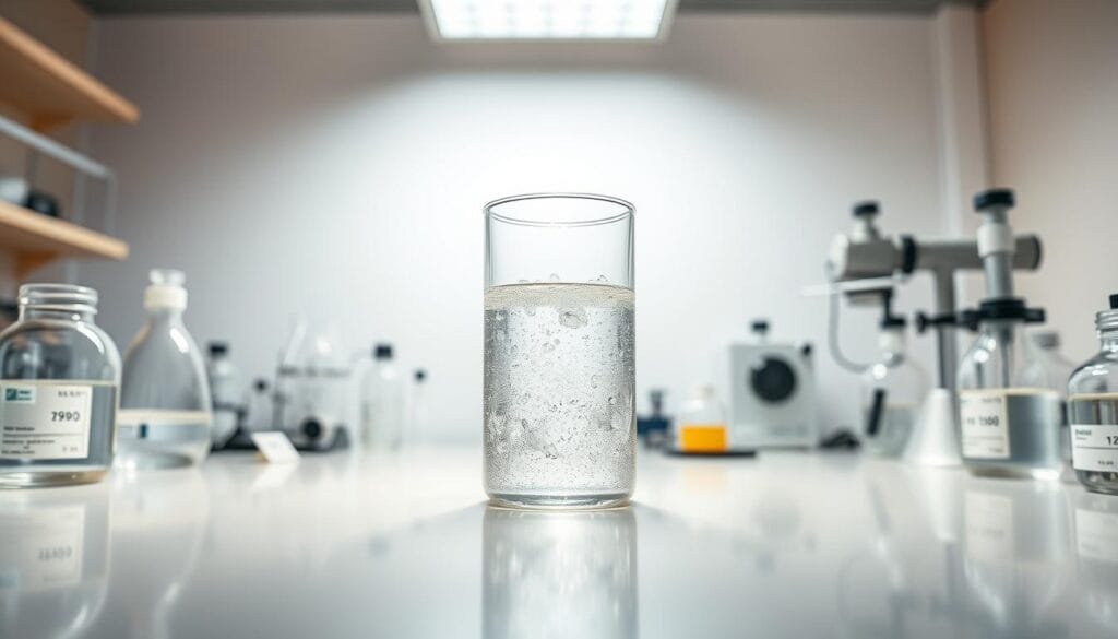 A pristine, well-lit laboratory setting with a central focus on a transparent glass beaker containing a sample of vibrant, effervescent "hydrogen water". The beaker is positioned on a clean, reflective surface, surrounded by scientific instruments and equipment that suggest a meticulous, safety-conscious approach. Warm, natural lighting from overhead illuminates the scene, casting subtle shadows and highlights that accentuate the clarity and purity of the water. In the background, a minimalist, white-walled backdrop provides a clean, professional atmosphere, conveying the impression of a controlled, high-quality environment for the study and presentation of this innovative hydration solution.
