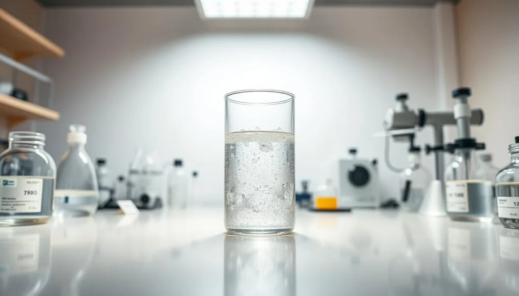 A pristine, well-lit laboratory setting with a central focus on a transparent glass beaker containing a sample of vibrant, effervescent "hydrogen water". The beaker is positioned on a clean, reflective surface, surrounded by scientific instruments and equipment that suggest a meticulous, safety-conscious approach. Warm, natural lighting from overhead illuminates the scene, casting subtle shadows and highlights that accentuate the clarity and purity of the water. In the background, a minimalist, white-walled backdrop provides a clean, professional atmosphere, conveying the impression of a controlled, high-quality environment for the study and presentation of this innovative hydration solution.