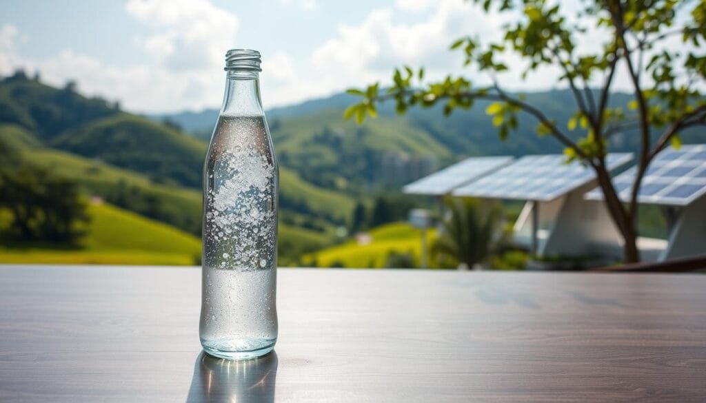 A serene and sustainable scene of hydrogen water in Malaysia. In the foreground, a sleek glass bottle filled with shimmering, effervescent hydrogen-infused water, reflecting the natural light. The middle ground showcases a lush, green landscape with rolling hills and a clear sky, conveying a sense of purity and tranquility. In the background, modern yet eco-friendly buildings with solar panels dot the horizon, highlighting the local commitment to sustainability. The overall composition exudes a calming, natural atmosphere, inviting the viewer to experience the benefits of hydrogen water in a setting that celebrates the harmony between technology and the environment.