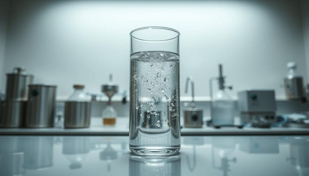 A serene and well-lit laboratory setting, with a central focus on a glass beaker filled with sparkling, crystal-clear hydrogen-infused water. Reflected on the beaker's surface, a clean and professional-looking environment with stainless steel equipment, scientific instruments, and a neutral-colored background. The lighting is soft and diffused, creating a sense of safety and professionalism. The overall atmosphere conveys the scientific nature and safety aspects of the hydrogen water, emphasizing its purity and potential benefits to the brain.