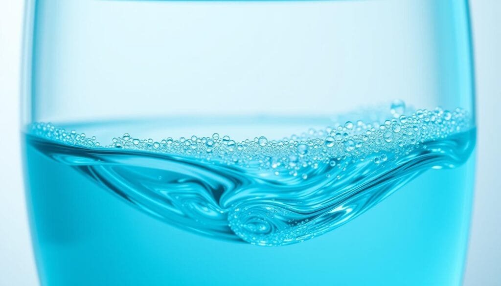A serene, aqua-blue liquid gently swirling in a transparent glass container, its surface glistening under soft, diffused lighting. Tiny, effervescent hydrogen bubbles rise to the top, creating a mesmerizing, effervescent display. The scene is captured from a slightly high angle, emphasizing the depth and clarity of the water, with a blurred, minimalist background to draw the viewer's focus. The overall atmosphere conveys a sense of purity, vitality, and the rejuvenating properties of this unique, hydrogen-rich water.
