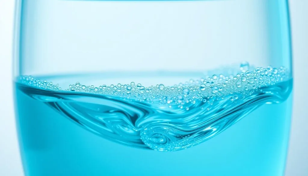 A serene, aqua-blue liquid gently swirling in a transparent glass container, its surface glistening under soft, diffused lighting. Tiny, effervescent hydrogen bubbles rise to the top, creating a mesmerizing, effervescent display. The scene is captured from a slightly high angle, emphasizing the depth and clarity of the water, with a blurred, minimalist background to draw the viewer's focus. The overall atmosphere conveys a sense of purity, vitality, and the rejuvenating properties of this unique, hydrogen-rich water.