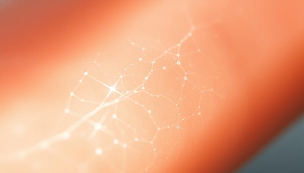 A serene close-up view of human skin, illuminated by a soft, ethereal glow that emanates from beneath the surface. The epidermis appears translucent, revealing the intricate network of capillaries and cells that make up the skin's structure. Wisps of hydrogen gas are visible, subtly dancing and interacting with the skin's tissues, creating a mesmerizing, almost otherworldly effect. The lighting is natural and diffused, casting gentle shadows that accentuate the skin's contours and texture. The focus is sharp, drawing the viewer's attention to the delicate details of this miraculous healing process, where hydrogen acts as a catalyst for tissue repair and regeneration.