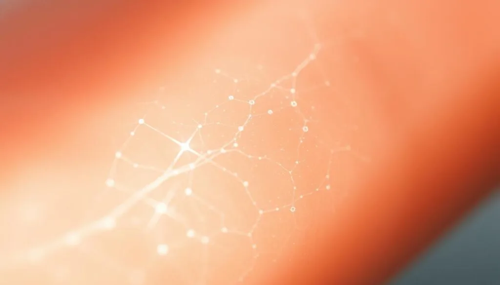 A serene close-up view of human skin, illuminated by a soft, ethereal glow that emanates from beneath the surface. The epidermis appears translucent, revealing the intricate network of capillaries and cells that make up the skin's structure. Wisps of hydrogen gas are visible, subtly dancing and interacting with the skin's tissues, creating a mesmerizing, almost otherworldly effect. The lighting is natural and diffused, casting gentle shadows that accentuate the skin's contours and texture. The focus is sharp, drawing the viewer's attention to the delicate details of this miraculous healing process, where hydrogen acts as a catalyst for tissue repair and regeneration.