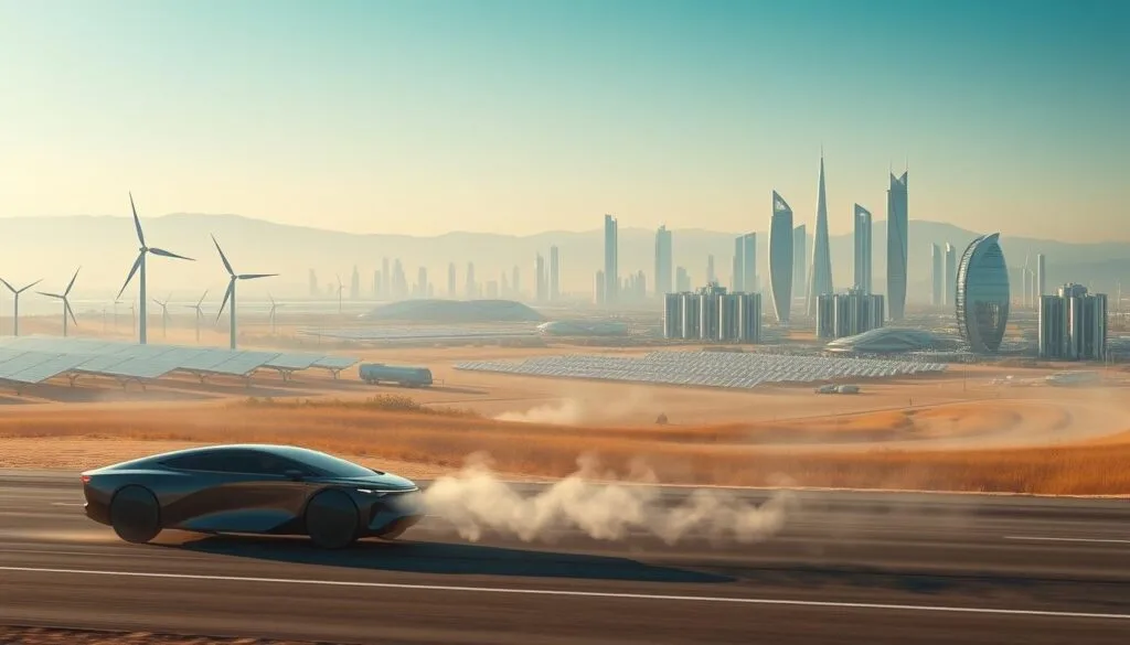 A serene, futuristic landscape showcasing the promise of cleaner energy. In the foreground, a sleek hydrogen-powered vehicle glides silently, emitting only water vapor. The middle ground features a sprawling renewable energy complex, with solar panels, wind turbines, and advanced energy storage systems. In the background, a shimmering skyline of gleaming high-rises and towering futuristic structures, all powered by sustainable, emissions-free technologies. Bathed in warm, diffuse lighting, the scene conveys a sense of progress, innovation, and a future where clean energy has become the norm. The overall atmosphere is one of optimism, tranquility, and a commitment to a greener, more sustainable world.