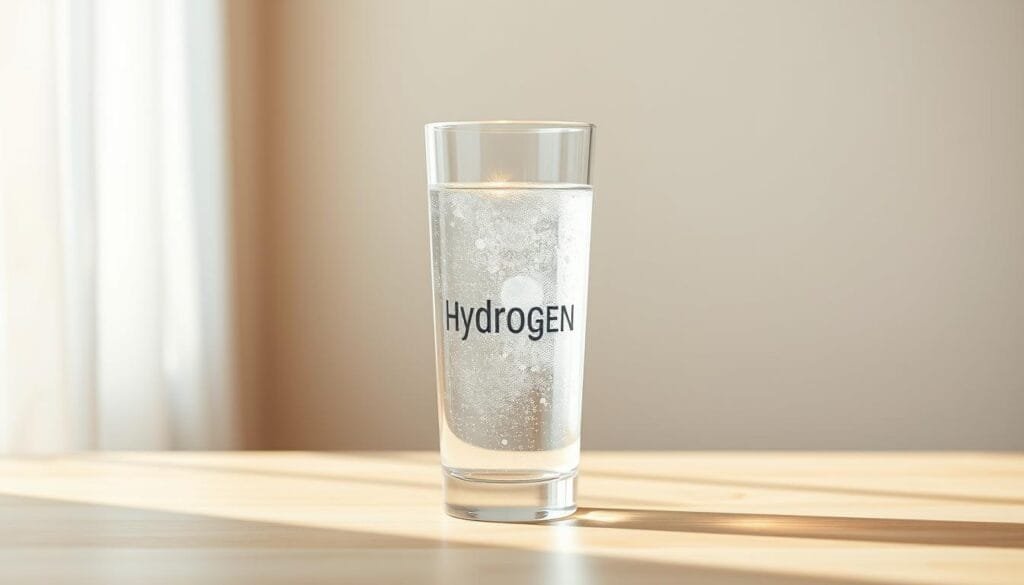 A serene, minimalist scene showcasing a glass of "hydrogen water" against a tranquil backdrop. The glass is filled with clear, sparkling water, reflecting the warm, natural lighting that bathes the scene. The background features a simple, calming wellness-inspired setting, such as a wooden table or surface, with subtle, soothing colors and textures that evoke a sense of balance and well-being. The overall composition is clean, elegant, and inviting, highlighting the purity and potential benefits of the hydrogen-infused water.
