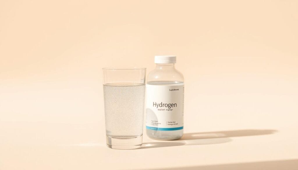 A serene, minimalist still life scene depicting a glass of clear, sparkling water alongside a bottle of hydrogen water supplements. The lighting is soft and natural, with warm hues casting a calming glow. The background is a plain, off-white surface, allowing the central elements to take center stage. The glass of water is positioned slightly in front, its translucent quality inviting the viewer to consider its contents. The hydrogen water bottle stands upright, its label clearly visible, conveying a sense of authenticity and transparency. The overall mood is one of simplicity, balance, and realistic expectations, reflecting the section's focus on moderation and lifestyle support.