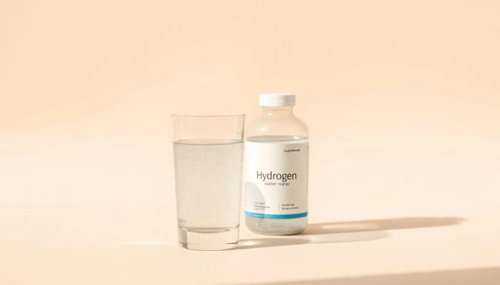 A serene, minimalist still life scene depicting a glass of clear, sparkling water alongside a bottle of hydrogen water supplements. The lighting is soft and natural, with warm hues casting a calming glow. The background is a plain, off-white surface, allowing the central elements to take center stage. The glass of water is positioned slightly in front, its translucent quality inviting the viewer to consider its contents. The hydrogen water bottle stands upright, its label clearly visible, conveying a sense of authenticity and transparency. The overall mood is one of simplicity, balance, and realistic expectations, reflecting the section's focus on moderation and lifestyle support.