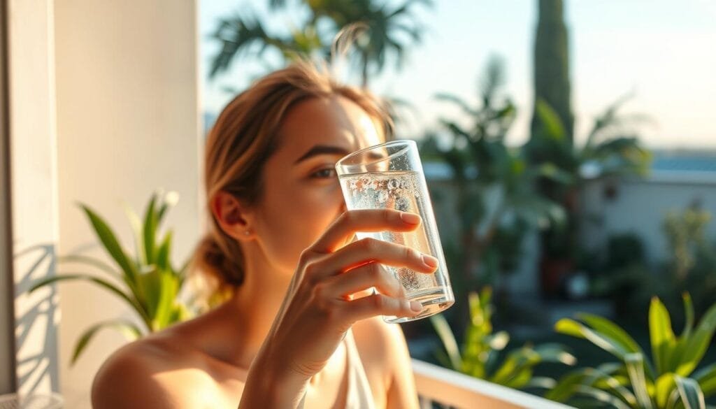 A serene morning scene with a person enjoying a glass of hydrogen-infused water, sitting on a balcony overlooking a lush garden. Warm, soft lighting illuminates the scene, creating a calming atmosphere. The glass reflects the sunlight, highlighting the subtle bubbles of the hydrogen-rich water. In the background, a row of healthy houseplants and a glimpse of the blue sky beyond the garden create a sense of tranquility. The model's expression conveys a feeling of rejuvenation and mindfulness, suggesting the optimal time to experience the benefits of hydrogen water.