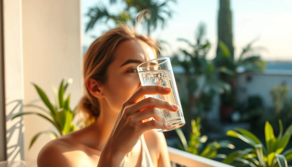 A serene morning scene with a person enjoying a glass of hydrogen-infused water, sitting on a balcony overlooking a lush garden. Warm, soft lighting illuminates the scene, creating a calming atmosphere. The glass reflects the sunlight, highlighting the subtle bubbles of the hydrogen-rich water. In the background, a row of healthy houseplants and a glimpse of the blue sky beyond the garden create a sense of tranquility. The model's expression conveys a feeling of rejuvenation and mindfulness, suggesting the optimal time to experience the benefits of hydrogen water.