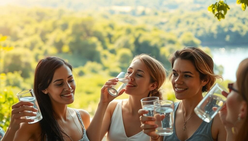 A serene outdoor scene with a group of people enjoying the refreshing benefits of hydrogen-infused water. The foreground features individuals sipping from clear glasses, their faces reflecting a sense of calm and contentment. In the middle ground, a lush, verdant landscape unfolds, with the sun's warm rays casting a gentle glow. The background showcases a tranquil lake or river, its surface glistening like diamonds. The overall atmosphere evokes a wellness-focused, holistic experience, inviting the viewer to imagine the potential health advantages of incorporating hydrogen water into one's lifestyle.