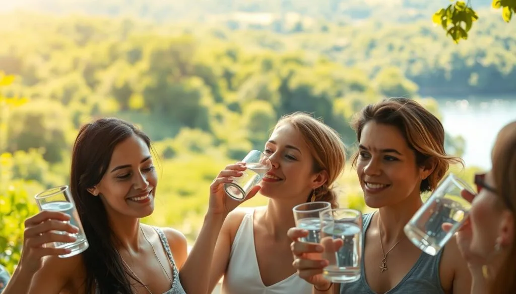 A serene outdoor scene with a group of people enjoying the refreshing benefits of hydrogen-infused water. The foreground features individuals sipping from clear glasses, their faces reflecting a sense of calm and contentment. In the middle ground, a lush, verdant landscape unfolds, with the sun's warm rays casting a gentle glow. The background showcases a tranquil lake or river, its surface glistening like diamonds. The overall atmosphere evokes a wellness-focused, holistic experience, inviting the viewer to imagine the potential health advantages of incorporating hydrogen water into one's lifestyle. A serene outdoor scene with a group of people enjoying the refreshing benefits of hydrogen-infused water. The foreground features individuals sipping from clear glasses, their faces reflecting a sense of calm and contentment. In the middle ground, a lush, verdant landscape unfolds, with the sun's warm rays casting a gentle glow. The background showcases a tranquil lake or river, its surface glistening like diamonds. The overall atmosphere evokes a wellness-focused, holistic experience, inviting the viewer to imagine the potential health advantages of incorporating hydrogen water into one's lifestyle.