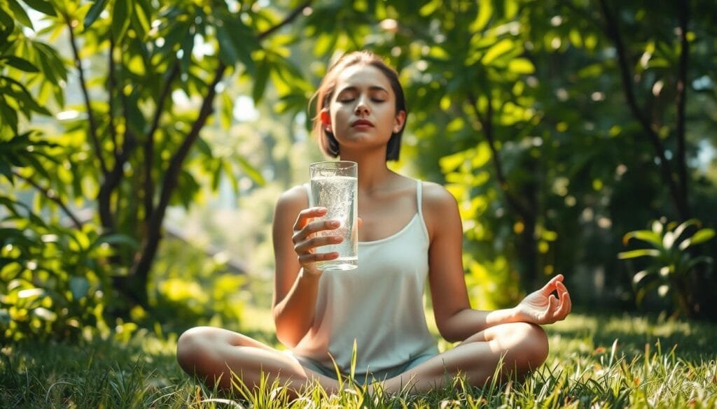 A serene, sun-dappled garden in Malaysia, where a young woman sits cross-legged on the grass, her eyes closed in meditation. She holds a glass of clear, sparkling water, with delicate hydrogen bubbles rising to the surface. The lush, verdant foliage surrounding her creates a peaceful, nurturing atmosphere, reflecting the wellness concept. Soft, warm lighting filters through the leaves, casting a gentle glow on the scene. The camera angle is slightly elevated, capturing the woman's tranquil pose and the harmonious integration of the hydrogen water within the natural setting.