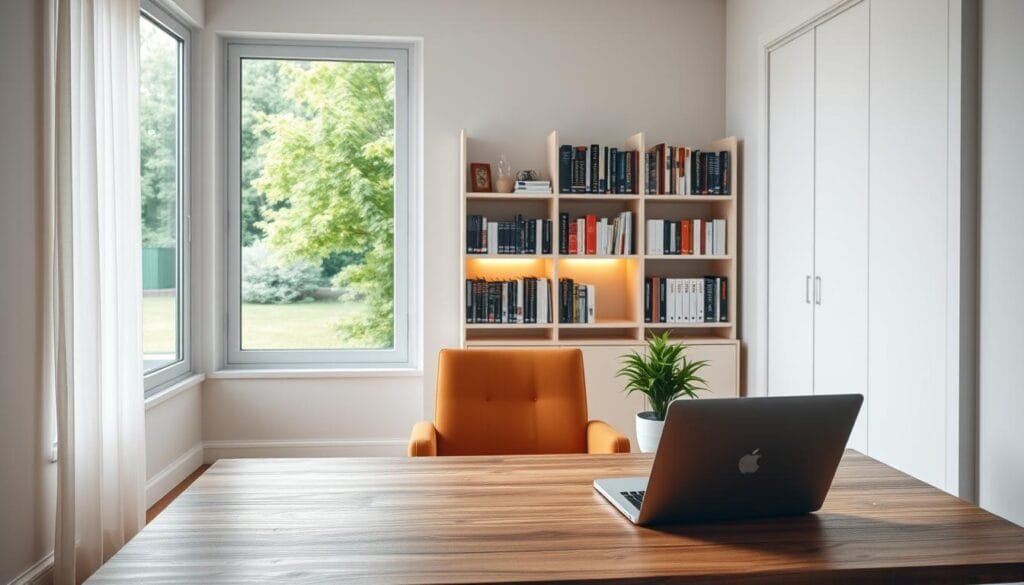 A serene, well-lit office space with a large window overlooking a tranquil garden. In the foreground, a sturdy, contemporary wooden desk hosts an open laptop and a potted plant. Behind the desk, a warm, earthy-toned armchair invites relaxation. The middle ground features a sleek, minimalist bookshelf filled with volumes on health, wellness, and self-improvement. Soft, diffused lighting creates a calming atmosphere, while a subtle, radiant glow emanates from the bookshelf, hinting at the knowledge and guidance it contains. In the background, the lush, verdant garden visible through the window symbolizes the rejuvenating power of nature. The overall scene conveys a sense of balance, serenity, and the promise of insights into the benefits of hydrogen for brain health.
