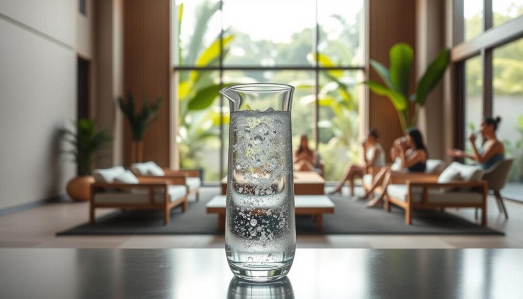 A serene wellness center in Kuala Lumpur, Malaysia, showcasing the benefits of hydrogen-infused water. In the foreground, a glass pitcher filled with sparkling, effervescent water, its bubbles glistening under soft, natural lighting. The middle ground features a minimalist, zen-inspired interior with sleek, wooden furnishings and a large, floor-to-ceiling window overlooking a lush, tropical garden. In the background, a group of people enjoying the tranquil atmosphere, sipping their hydrogen water and discussing its potential health advantages. The overall mood is one of relaxation, rejuvenation, and a conscious embrace of holistic well-being.