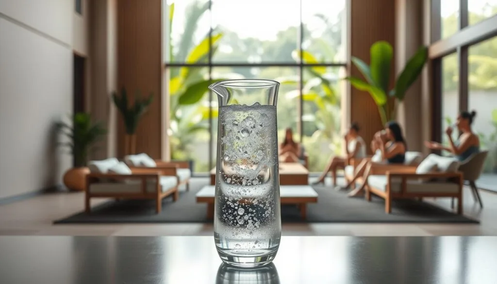 A serene wellness center in Kuala Lumpur, Malaysia, showcasing the benefits of hydrogen-infused water. In the foreground, a glass pitcher filled with sparkling, effervescent water, its bubbles glistening under soft, natural lighting. The middle ground features a minimalist, zen-inspired interior with sleek, wooden furnishings and a large, floor-to-ceiling window overlooking a lush, tropical garden. In the background, a group of people enjoying the tranquil atmosphere, sipping their hydrogen water and discussing its potential health advantages. The overall mood is one of relaxation, rejuvenation, and a conscious embrace of holistic well-being. A serene wellness center in Kuala Lumpur, Malaysia, showcasing the benefits of hydrogen-infused water. In the foreground, a glass pitcher filled with sparkling, effervescent water, its bubbles glistening under soft, natural lighting. The middle ground features a minimalist, zen-inspired interior with sleek, wooden furnishings and a large, floor-to-ceiling window overlooking a lush, tropical garden. In the background, a group of people enjoying the tranquil atmosphere, sipping their hydrogen water and discussing its potential health advantages. The overall mood is one of relaxation, rejuvenation, and a conscious embrace of holistic well-being.