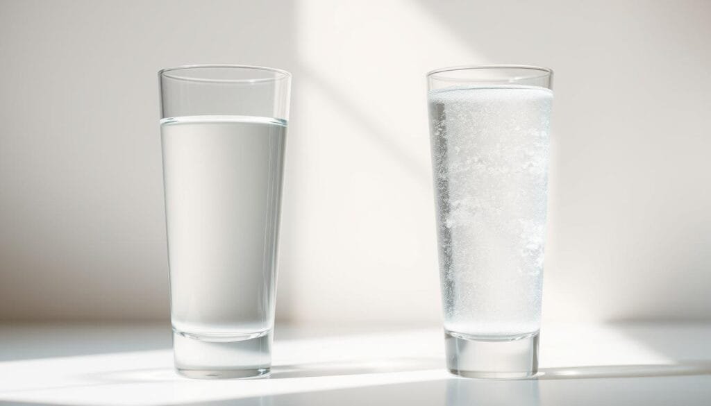 A side-by-side comparison of a glass of pure, filtered RO water and a glass of crisp, effervescent hydrogen-infused water, both set against a clean, minimalist background bathed in soft, natural lighting. The RO water appears clear and pristine, while the hydrogen water exhibits a subtle, silvery shimmer, hinting at the molecular-level changes imparted by the hydrogen infusion process. The arrangement evokes a sense of scientific curiosity, inviting the viewer to contemplate the potential differences in taste, aroma, and potential health benefits between these two distinct water types.