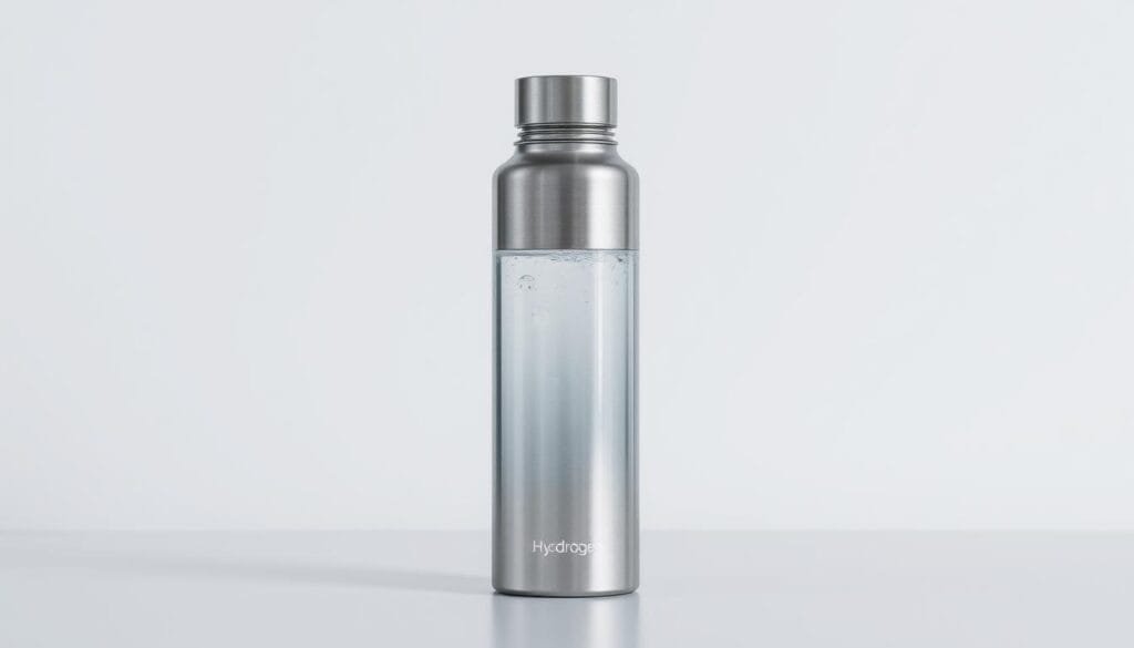 A sleek, cylindrical hydrogen water bottle standing upright on a clean, minimalist surface. The bottle's sturdy, stainless steel exterior gleams under soft, diffused lighting, casting subtle highlights and reflections. The cap is slightly open, revealing the clear, bubbling water inside. The background is blurred, allowing the bottle to be the central focus, conveying a sense of simplicity and functionality. The scene exudes a calm, modern aesthetic, inviting the viewer to imagine the practical, healthy benefits of using this specialized water container.