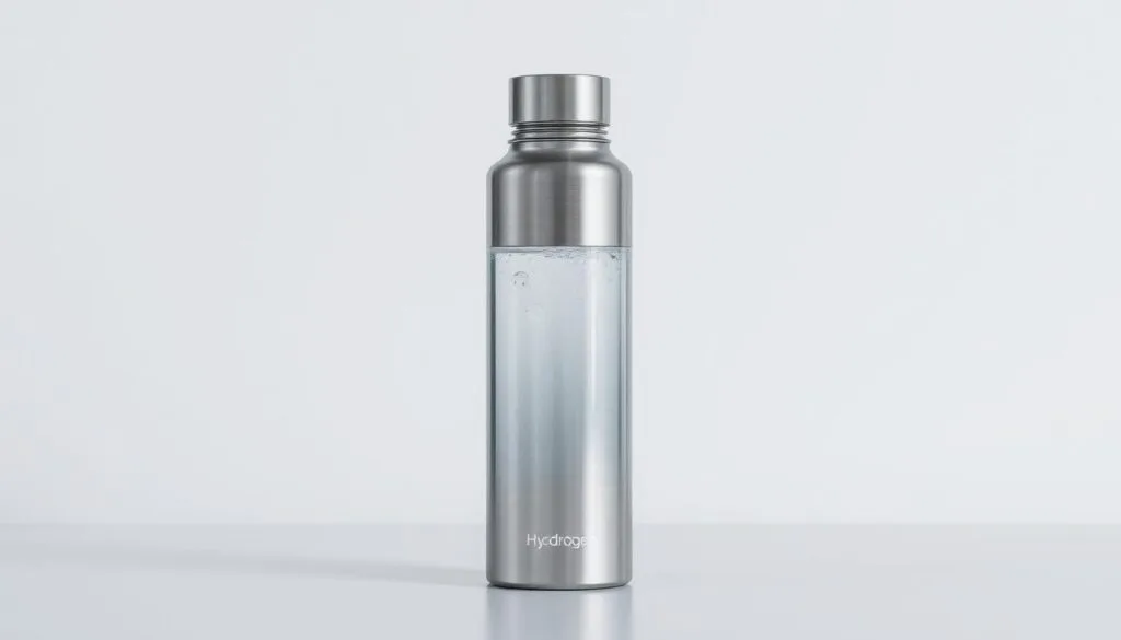A sleek, cylindrical hydrogen water bottle standing upright on a clean, minimalist surface. The bottle's sturdy, stainless steel exterior gleams under soft, diffused lighting, casting subtle highlights and reflections. The cap is slightly open, revealing the clear, bubbling water inside. The background is blurred, allowing the bottle to be the central focus, conveying a sense of simplicity and functionality. The scene exudes a calm, modern aesthetic, inviting the viewer to imagine the practical, healthy benefits of using this specialized water container. A sleek, cylindrical hydrogen water bottle standing upright on a clean, minimalist surface. The bottle's sturdy, stainless steel exterior gleams under soft, diffused lighting, casting subtle highlights and reflections. The cap is slightly open, revealing the clear, bubbling water inside. The background is blurred, allowing the bottle to be the central focus, conveying a sense of simplicity and functionality. The scene exudes a calm, modern aesthetic, inviting the viewer to imagine the practical, healthy benefits of using this specialized water container.