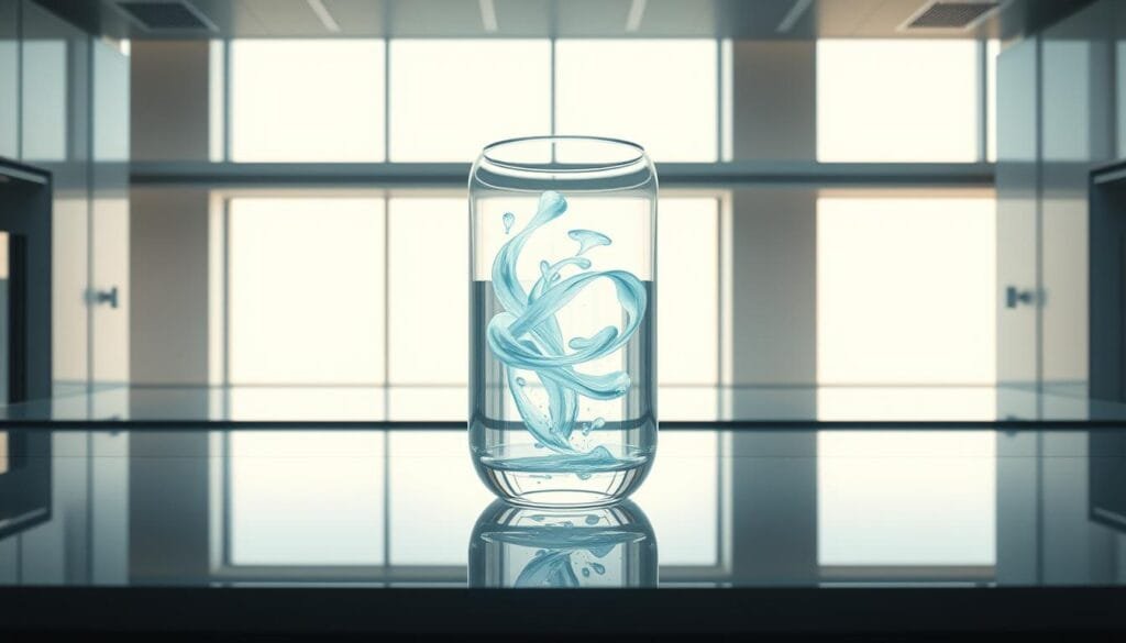 A sleek, futuristic laboratory setting with a central focus on a transparent glass vessel containing swirling, luminescent hydrogen gas. The vessel is illuminated from within, casting a soft, ethereal glow throughout the scene. The background features clean, minimalist architectural elements, with a hint of natural light filtering in from large windows. Subtle reflections of the vessel's contents can be seen on the polished surfaces, creating a sense of depth and interactivity. The overall mood is one of scientific innovation, wellness, and the harmonious integration of advanced technology with natural elements.