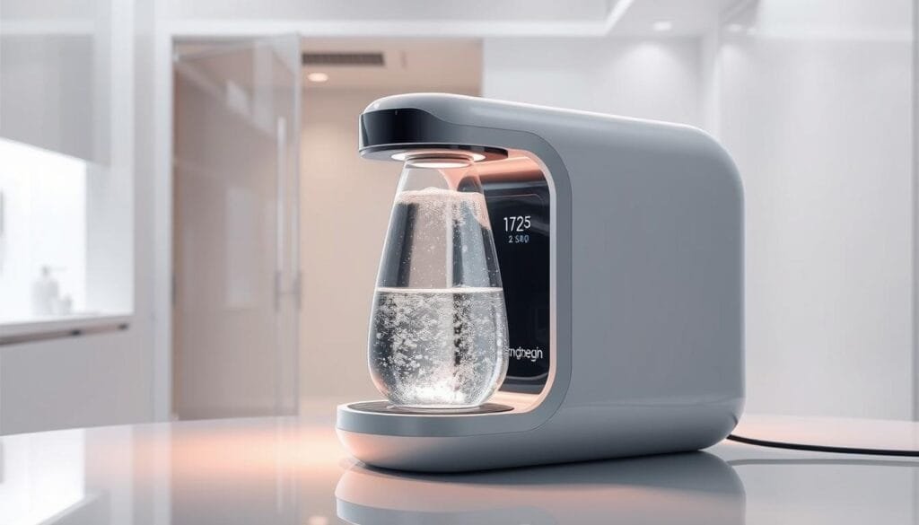 A sleek, futuristic-looking hydrogen water dispenser with a minimalist, high-tech design, sitting on a glossy, reflective surface. The device features a transparent glass carafe filled with shimmering, effervescent water, emitting a soft, warm glow. In the background, a clean, white environment with subtle lighting, creating a calming and clinical atmosphere. The overall scene conveys a sense of innovation, health, and wellness, highlighting the cutting-edge nature of hydrogen-infused water products.