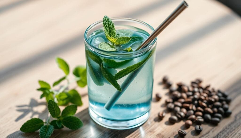 A sleek glass container filled with a translucent, aquamarine-tinted liquid, resting on a wooden table. The container is surrounded by sprigs of fresh mint, coffee beans, and a metal straw, creating a refreshing, modern aesthetic. Soft, natural lighting filters through the container, casting subtle shadows and highlights onto the surface. The overall mood is one of wellness, simplicity, and a touch of luxury, inviting the viewer to imagine the crisp, invigorating taste of cold brew hydrogen water.
