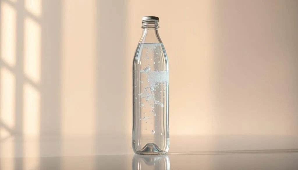 A sleek, transparent water bottle filled with glowing, iridescent hydrogen-infused water, bathed in soft, natural lighting. The bottle's surface reflects the ambient light, creating a mesmerizing, holographic effect. In the background, a minimalist, modern wellness center logo subtly emerges, hinting at the bottle's origins. The overall scene exudes a sense of purity, innovation, and a connection to the natural world.