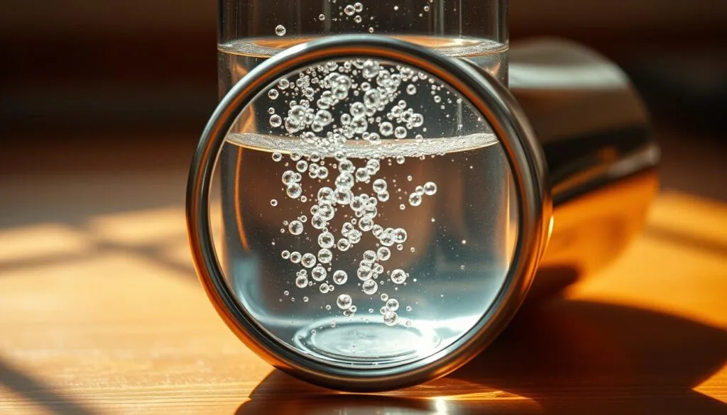 A stainless steel water bottle, its sleek cylindrical form glistening under warm, natural lighting. The bottle's surface reflects the surrounding environment, creating a sense of depth and clarity. Inside, the water appears infused with shimmering hydrogen bubbles, creating a mesmerizing visual effect. The bottle rests on a wooden surface, complementing the natural tones and textures. The overall atmosphere conveys a sense of purity, simplicity, and the refreshing nature of hydrogen-enriched water, perfectly suited for Malaysia's tropical climate.