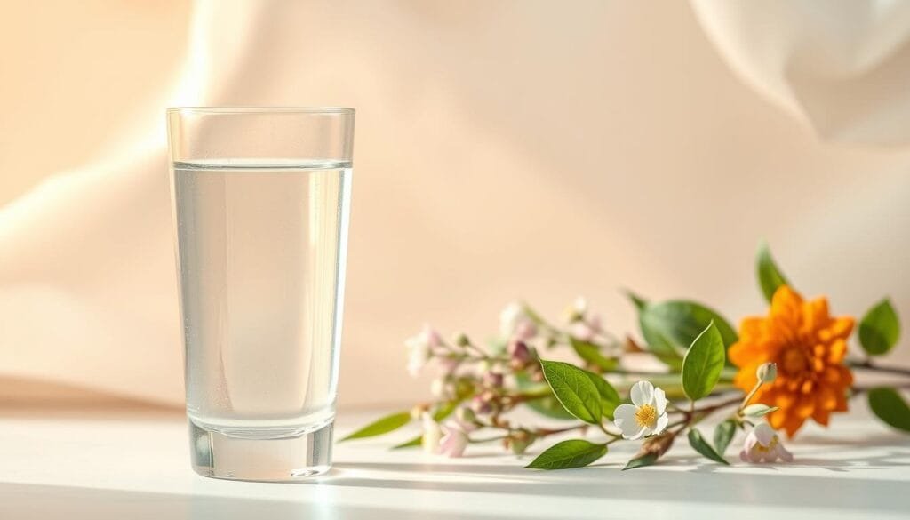 A tranquil scene depicting the safety of hydrogen water. In the foreground, a glass filled with crystal-clear liquid, gently reflecting the warm natural light. Surrounding it, a soft, pastel-colored background with gentle curves and organic shapes, conveying a sense of purity and balance. In the middle ground, a subtle array of therapeutic botanicals, their vibrant greens and delicate petals adding a touch of natural harmony. The lighting is soft and diffused, creating a calming, serene atmosphere that invites contemplation. The overall composition exudes a sense of well-being and nourishment, reflecting the safety and realistic expectations of incorporating hydrogen water into one's wellness routine.