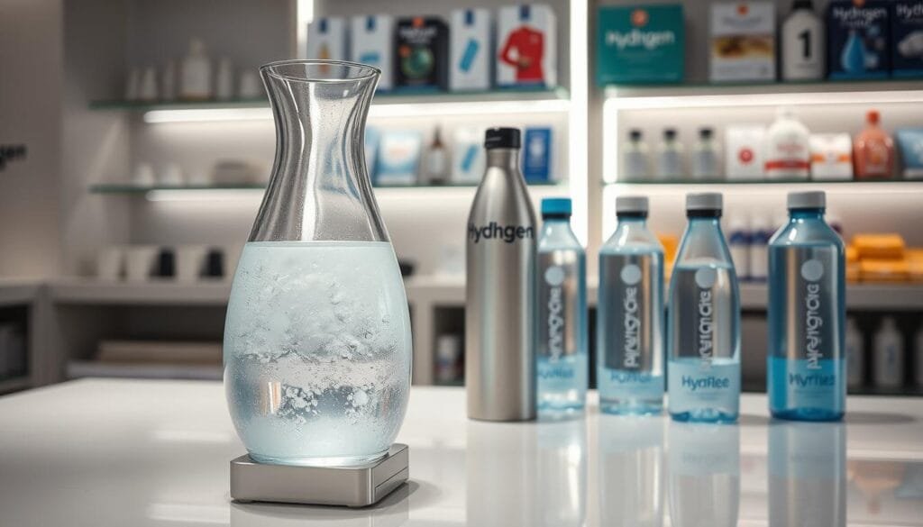 A well-lit countertop display featuring an assortment of hydrogen water bottles, pitchers, and other related products. In the foreground, an elegant glass carafe filled with clear, effervescent liquid rests atop a modern, minimalist stand. In the middle ground, a variety of BPA-free bottles in sleek, modern designs stand upright, showcasing their hydrogen-infused contents. The background features shelves or racks displaying additional hydrogen water accessories and educational materials, creating an inviting, informative atmosphere for potential customers to explore. The overall scene conveys a sense of quality, health, and innovation in the hydrogen water category.