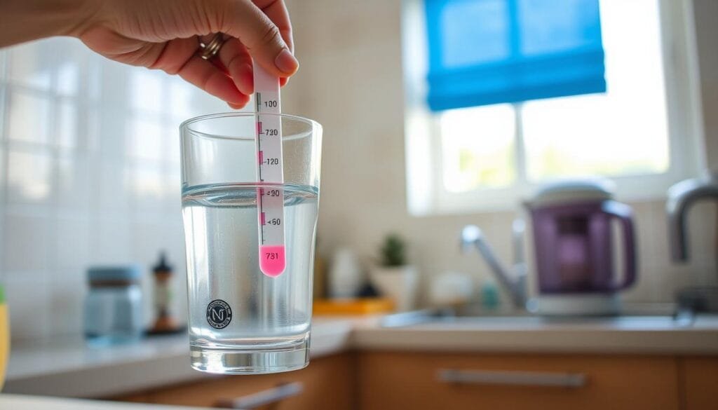 A well-lit, high-resolution image of a person testing the quality of drinking water at home in Malaysia. The foreground shows a hand holding a pH testing strip, dipped in a clear glass of water. The middle ground depicts a kitchen counter or table with a water filter jug and other household items. The background features a sunny window or a tiled wall, casting natural light onto the scene. The overall mood is one of domestic tranquility and concern for personal health, with a focus on the simple act of ensuring the safety and pH balance of one's drinking water.