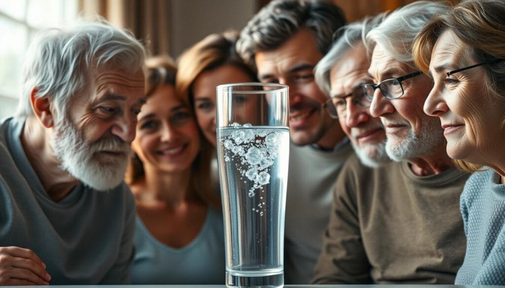 A well-lit, high-resolution portrait of a diverse group of people, including the elderly, athletes, and those with cognitive difficulties, all looking intently and appreciatively at a glass of clear, bubbling hydrogen-infused water. The subjects' expressions convey a sense of health, vitality, and mental clarity, suggesting the potential benefits of hydrogen water consumption. The image is captured with a shallow depth of field, placing the water in sharp focus and the people in a soft, atmospheric background, emphasizing the central role of the hydrogen-rich liquid. Warm, natural lighting illuminates the scene, creating a calming and inviting atmosphere.