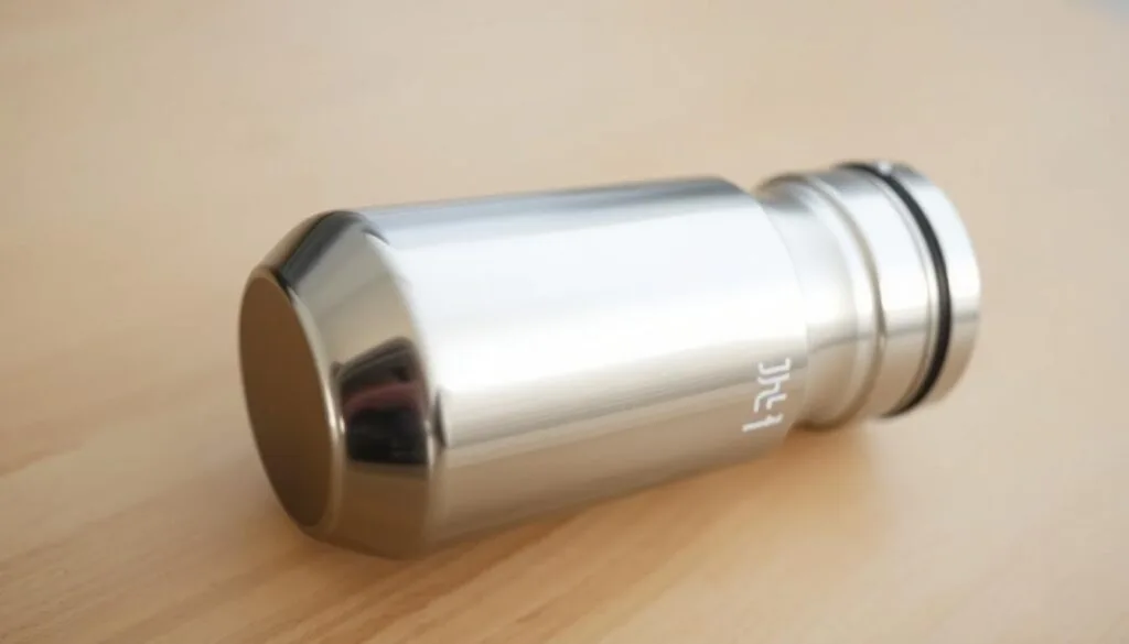 A well-maintained stainless steel hydrogen water bottle, its surface gleaming in the soft, natural light. The bottle's sleek, minimalist design is complemented by a discreet hydrogen gas release valve, hinting at the powerful molecular hydrogen infusion within. The bottle sits atop a smooth, wooden surface, creating a sense of simplicity and functionality. The overall composition conveys a sense of purity, efficiency, and the care required to keep the hydrogen water fresh and potent, as befits the "Maintenance and cleaning to keep H₂ output strong" section of the article.