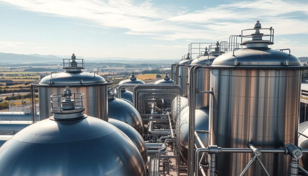 An industrial-scale hydrogen storage facility set against a backdrop of a clear sky. In the foreground, massive pressure vessels and cryogenic tanks, their metallic surfaces gleaming under bright, directional lighting. In the middle ground, a network of pipes, valves, and monitoring equipment, conveying the complex infrastructure required for safe and efficient hydrogen storage. In the background, a distant landscape of rolling hills or a cityscape, hinting at the wider context in which this facility operates. The overall scene conveys a sense of technological sophistication, precision engineering, and the critical role of hydrogen storage in the energy transition.